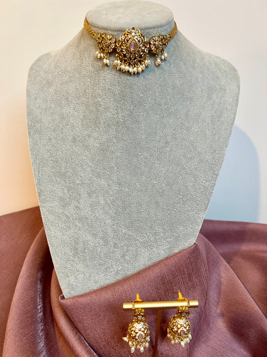 BAVITHRA - small kundan stone choker set with matching jhumkas N3175