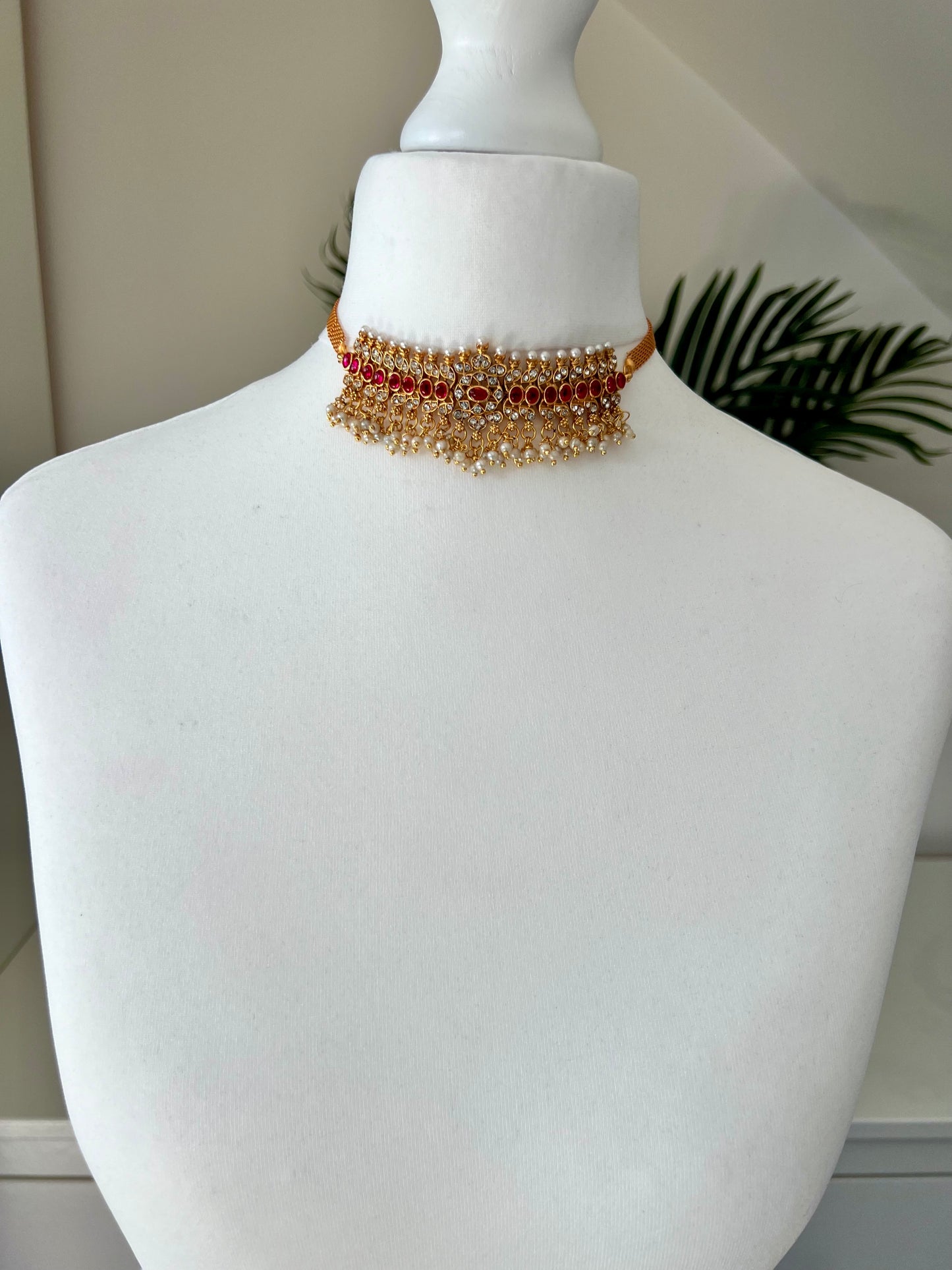 NEHA - Small choker red stoned necklace set with matching earrings N3089