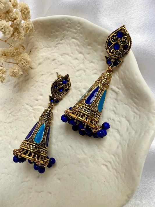 Antique gold blue long earrings E3082