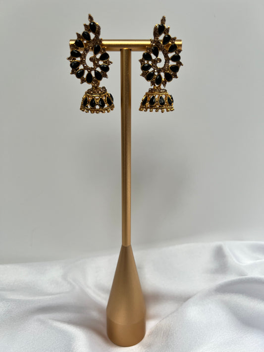 Golden stoned jhumka earrings with tear drop shaped grey stones E3050