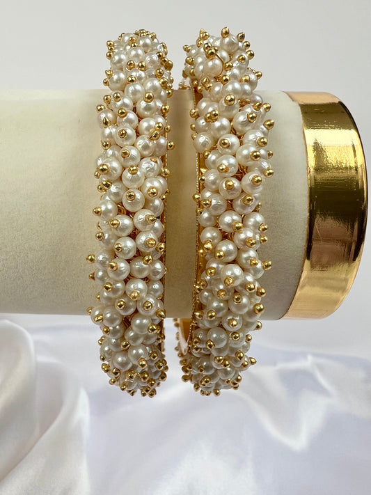 Classic Gold Bangles With Pearls and Gold Plating, set of two B3012