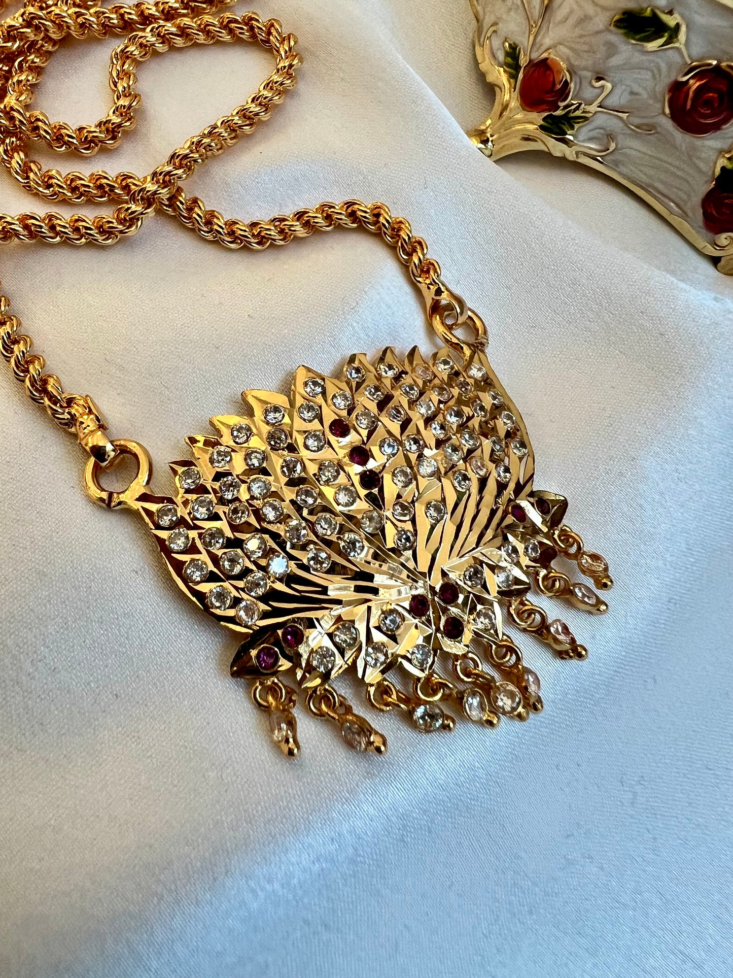 RUBI - Traditional long lotus impon pendant 24 inch with ruby and white N3095