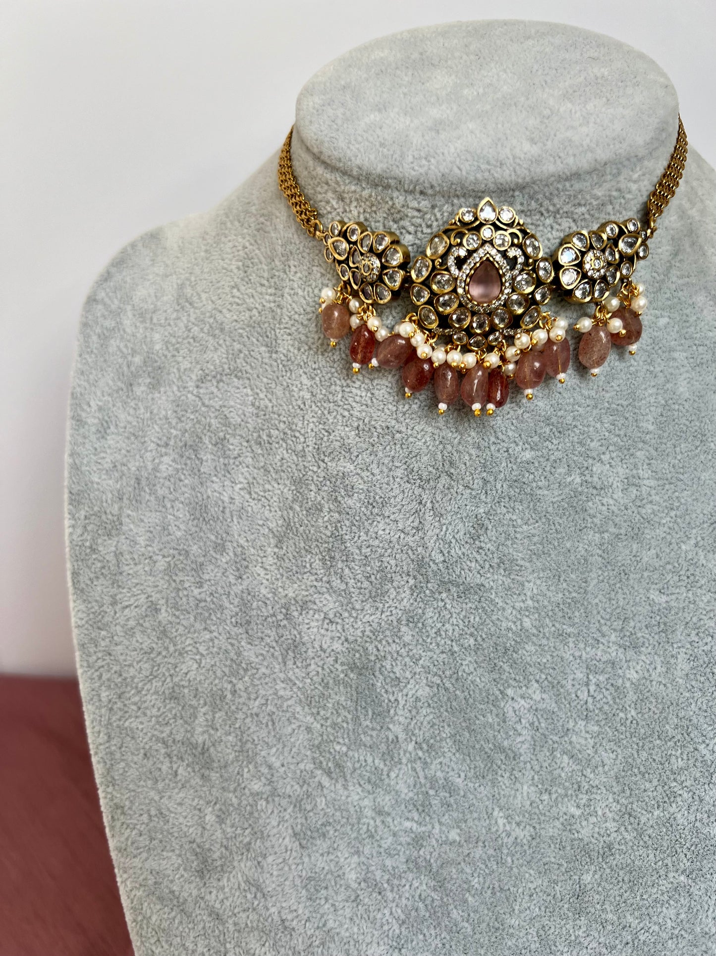 NANDINI - Small antique mehndi plated white stone with pink and white pearl choker and jhumkas N3099