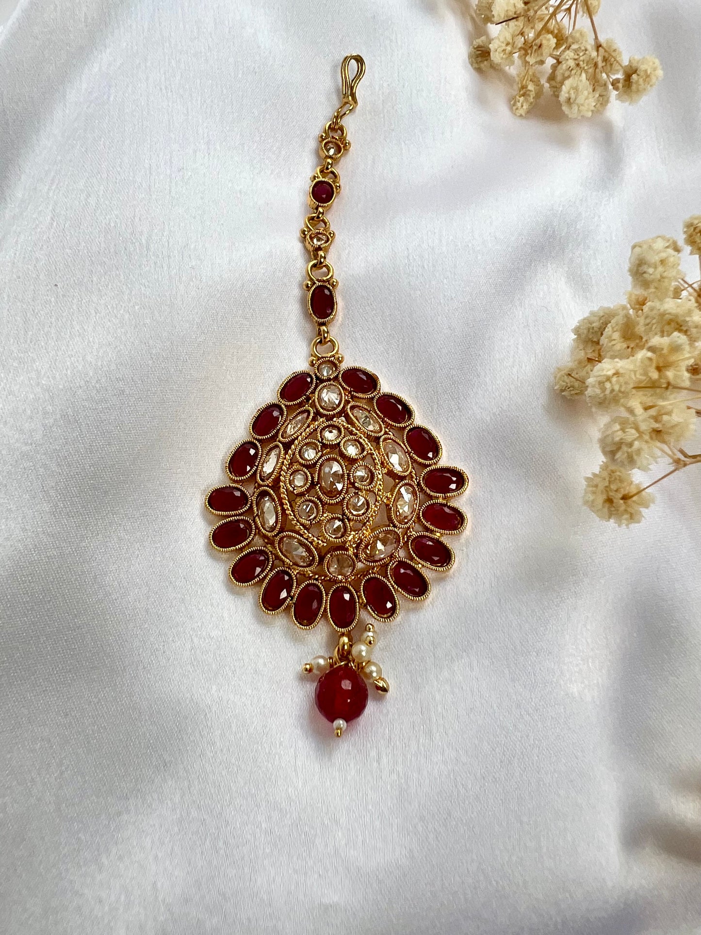 Gold plated ruby clear stone white pearl maang tikka T3011