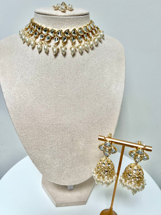 ASOKA - White gold kundan stone white pearl necklace with jhumkas and tikka N3290