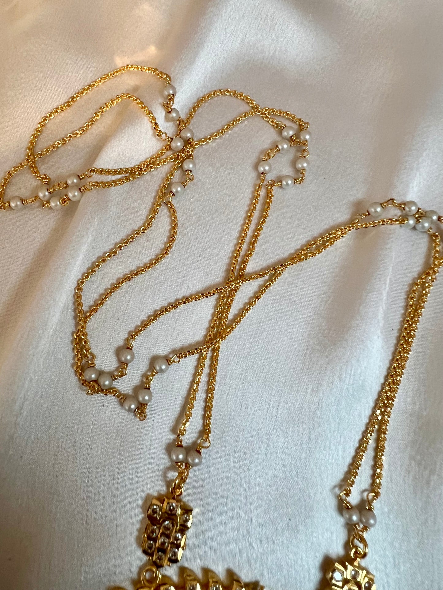 LAVO- Long pathakam lotus necklace with pearl chain N3187