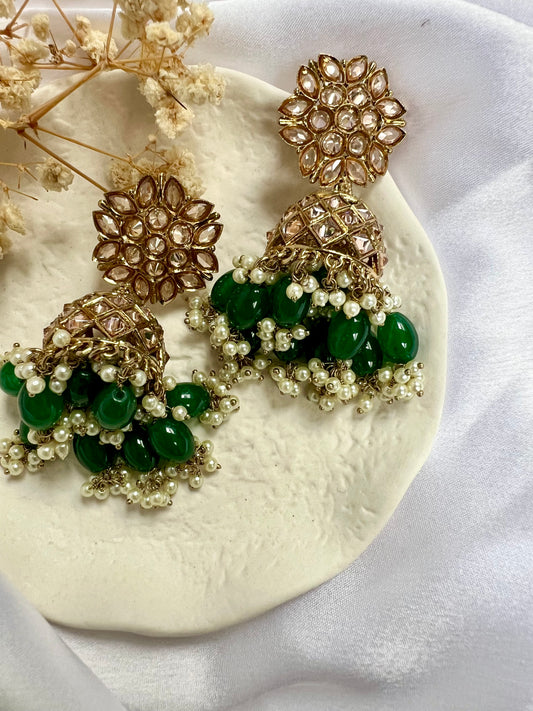 Mehndi plated gold and green jhumka earrings E3015