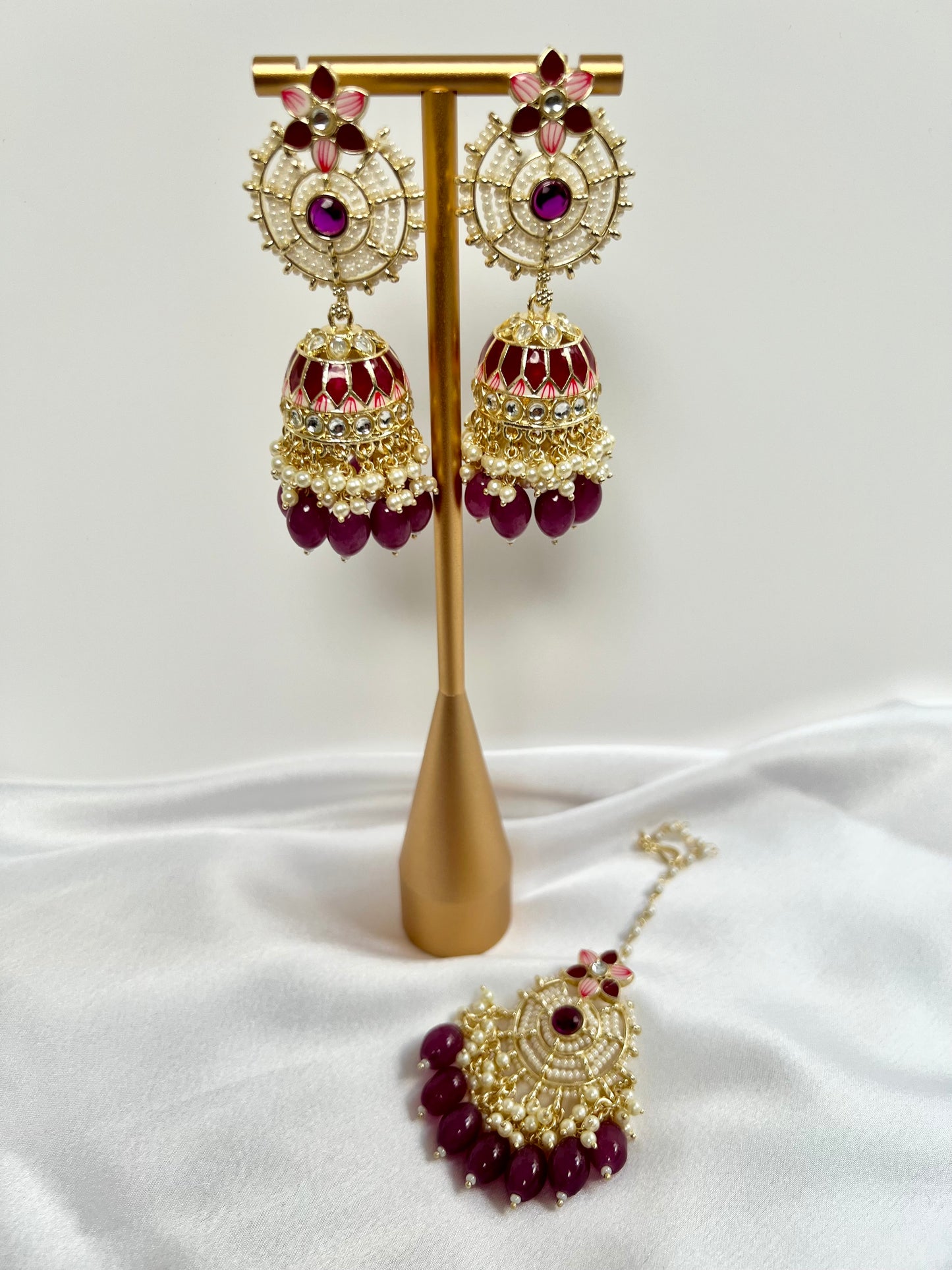 Plum purple white gold pearl earring and tikka set ET3008