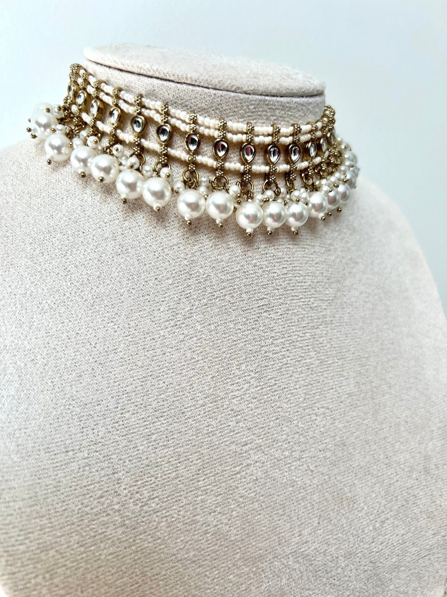 SARELA - Mehndi plated white pearl stoned high band necklace with matching jhumkas and tikka N3294
