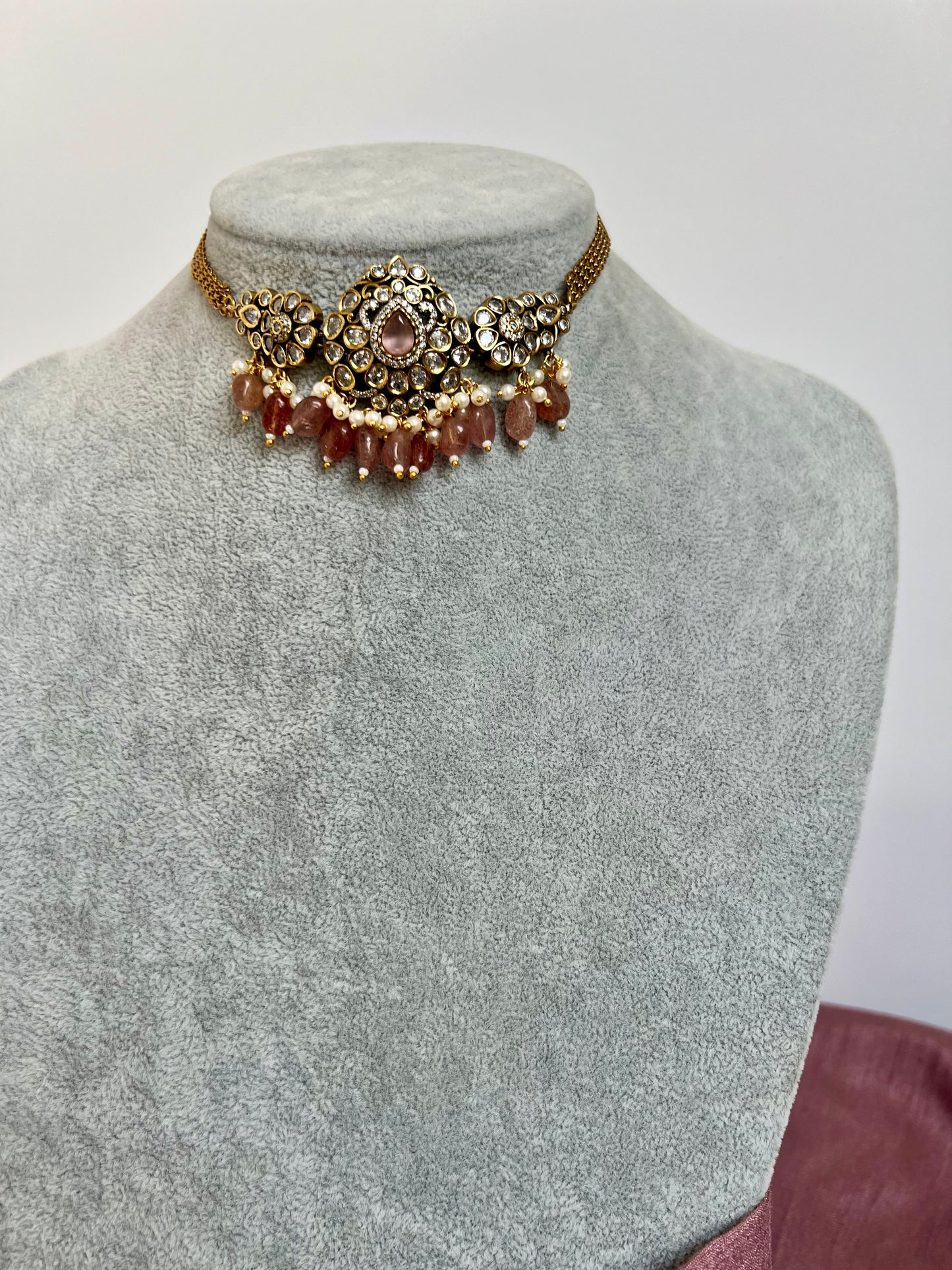 NANDINI - Small antique mehndi plated white stone with pink and white pearl choker and jhumkas N3099