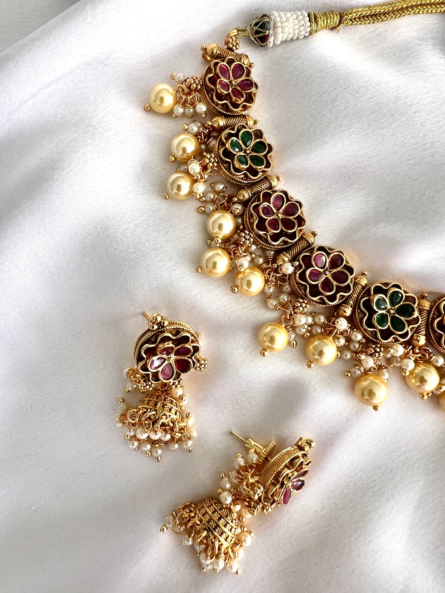 GEETA - Antique gold ruby and green pearl necklace with matching earrings N3253