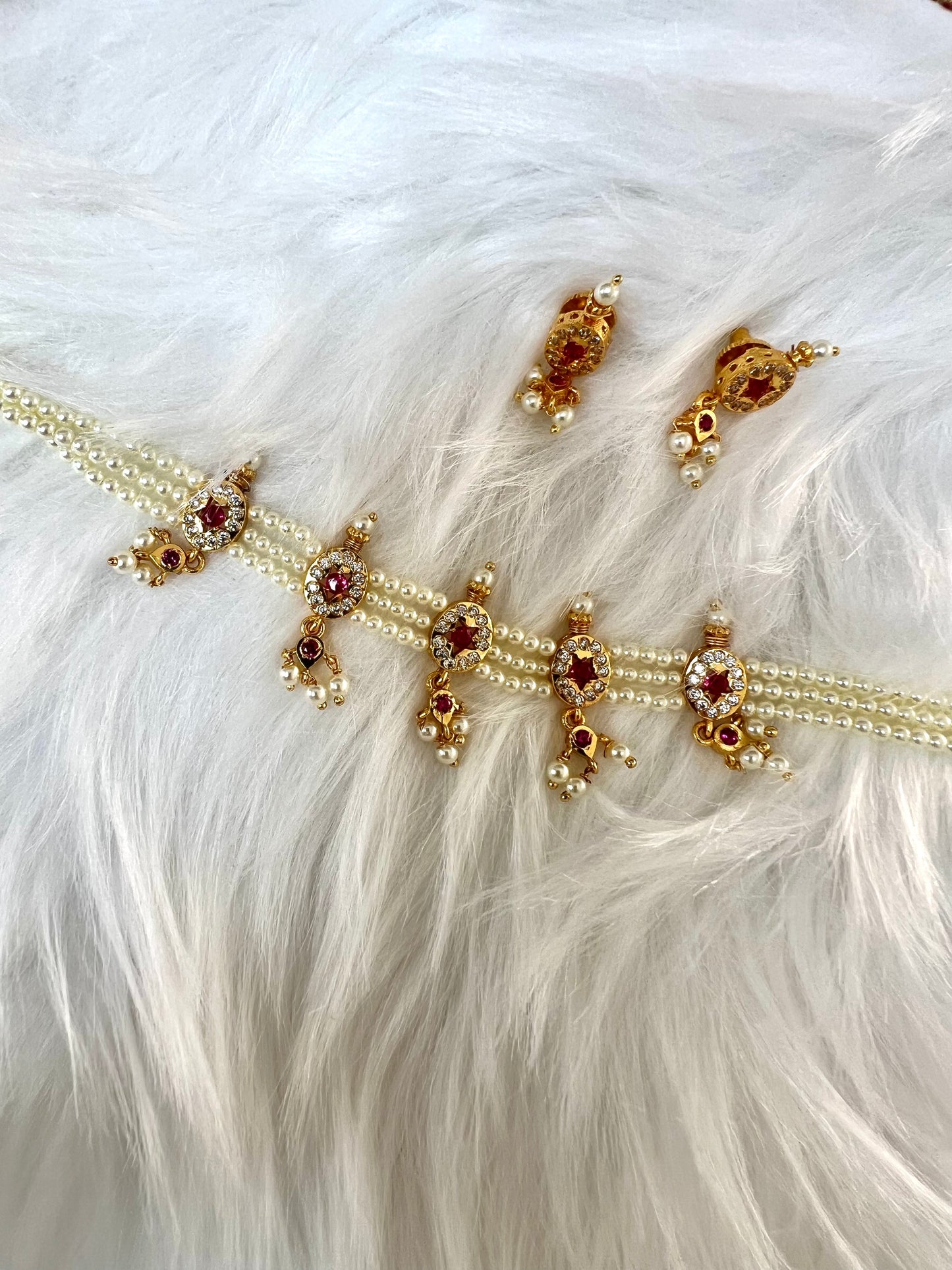 AADHIRA - Impon pearl choker in ruby and white stones with matching earrings N3266