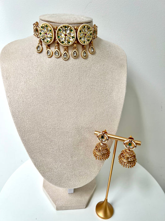 AMAKA - Beautiful antique kundan choker set in green with matching jhumkas N3257
