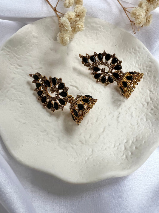 Golden jhumkas embellished with pearl shaped black stones E3058