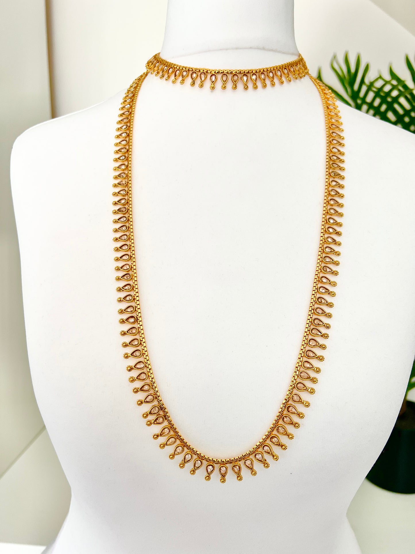 SAHANA - Antique gold plated long and short necklace set with matching earrings and uchi pattam/tikka N3001