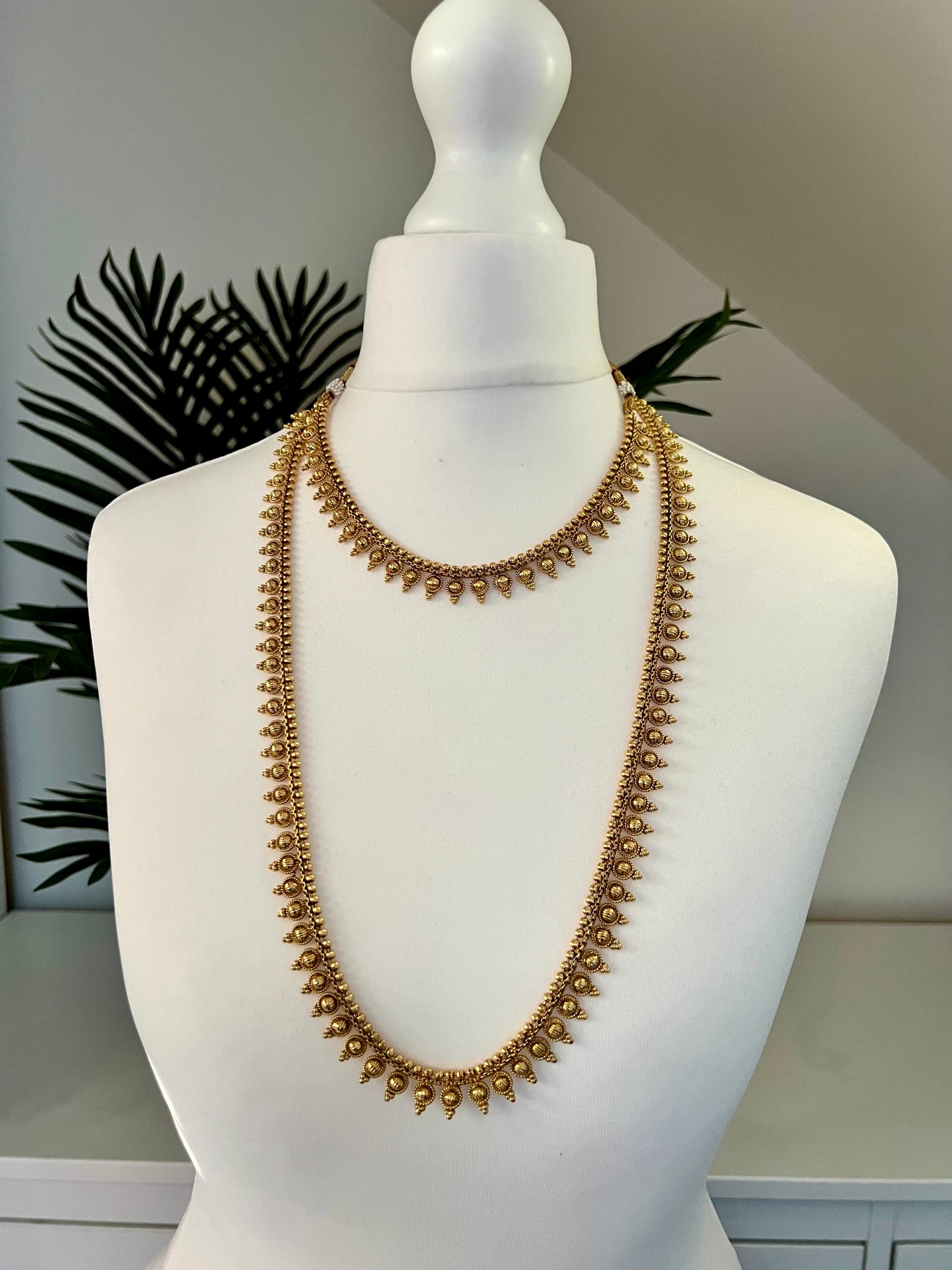 SAVIA - Antique simple long and short gold plated necklace set with earrings and tikka N3020