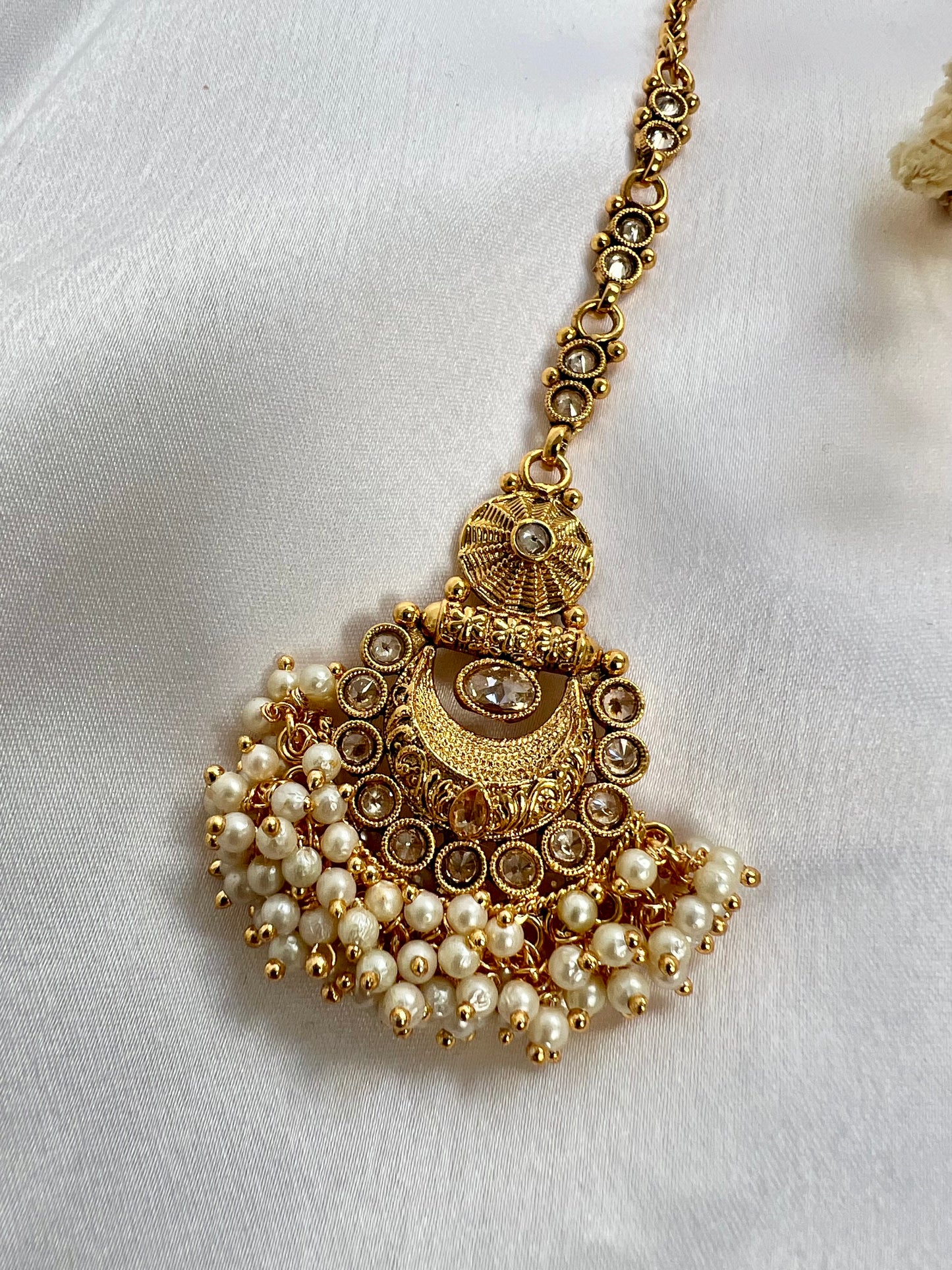 Traditional gold plated clear stones white pearls maang tikka T3005