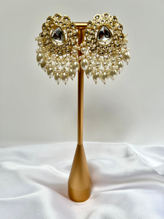 white gold pearl kundan stone earrings E3032