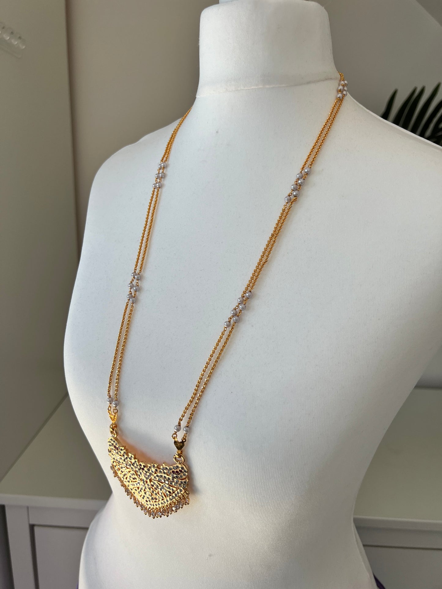 NANDIKA - Long Impon dollar 30inch necklace with ruby and white stones N3067