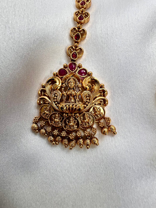 Antique temple matte gold plated ruby stone maang tikka T3012
