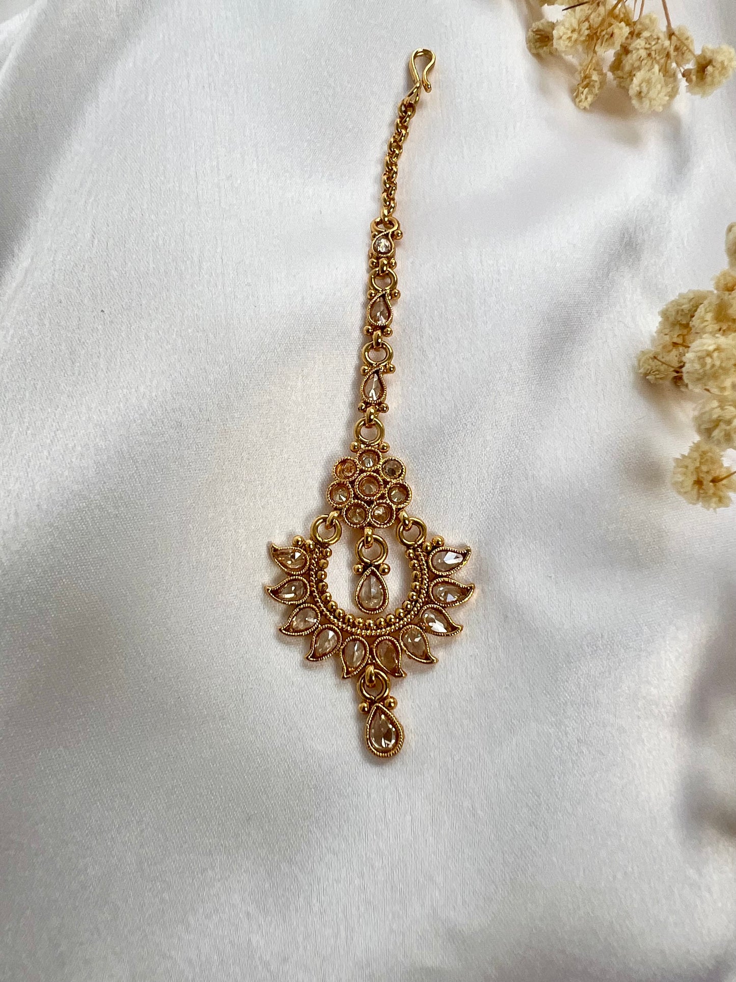 Small traditional gold plated clear stone maang tikka T3009