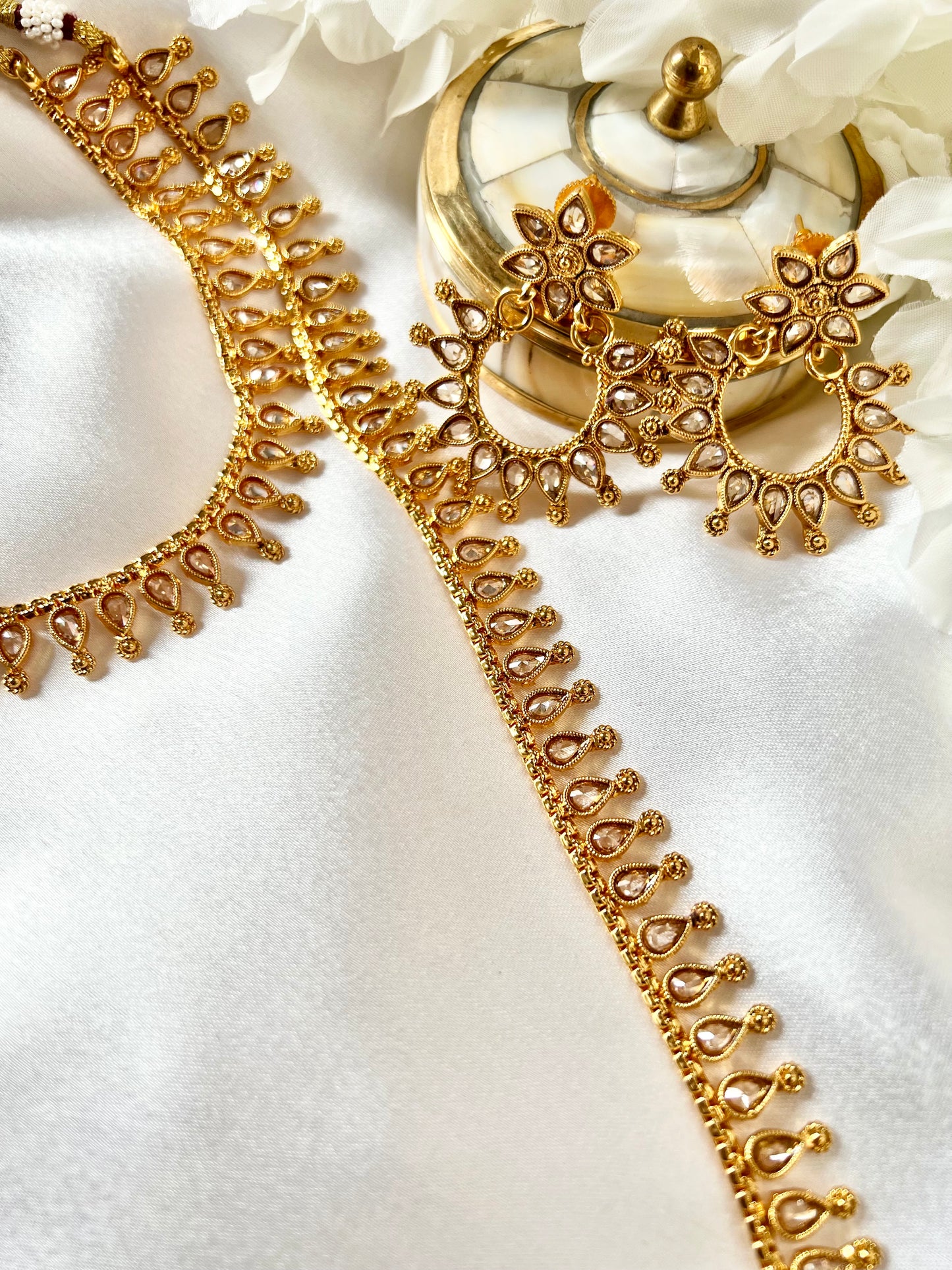 SAHANA - Antique gold plated long and short necklace set with matching earrings and uchi pattam/tikka N3001