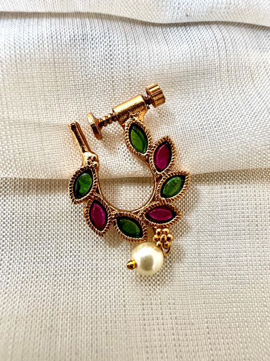 Antique gold plated rubygreen pearl nosering NR3002