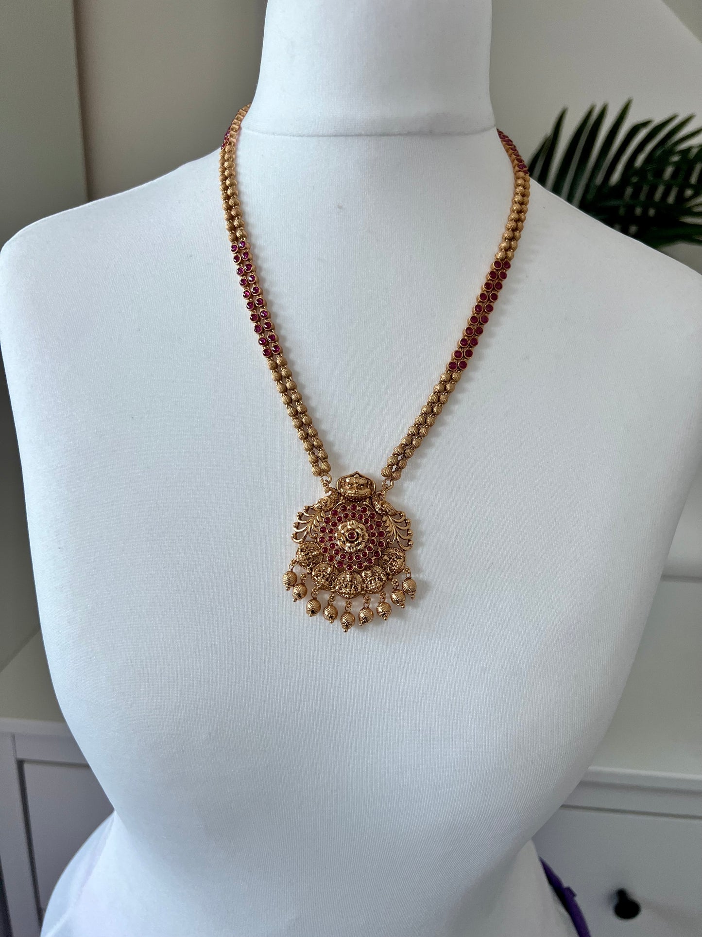 RADHA -Antique temple matte gold plated ruby necklace set with matching jhumkas N3023