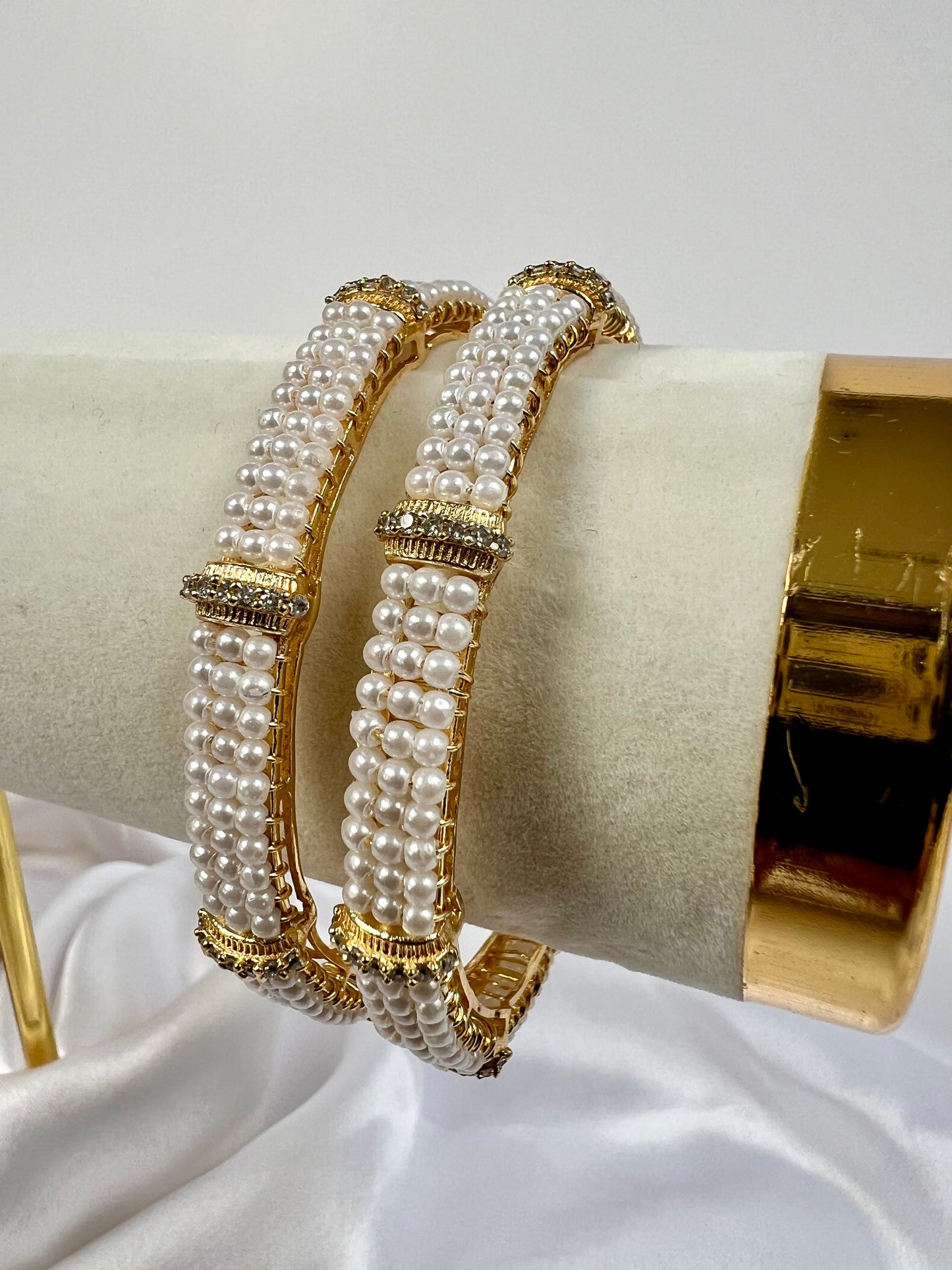 Gold Bangles With Pearls, White Stones and Gold Plating, set of two B3010