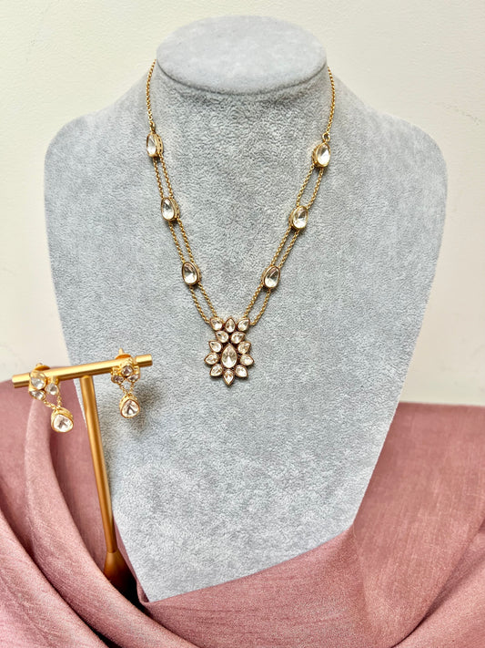 Classic kundan stoned long necklace in rose gold plating, with matching earrings N3272