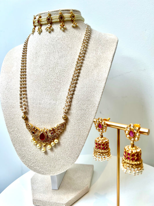 Choker and long pearl necklaces with jhumka NR301