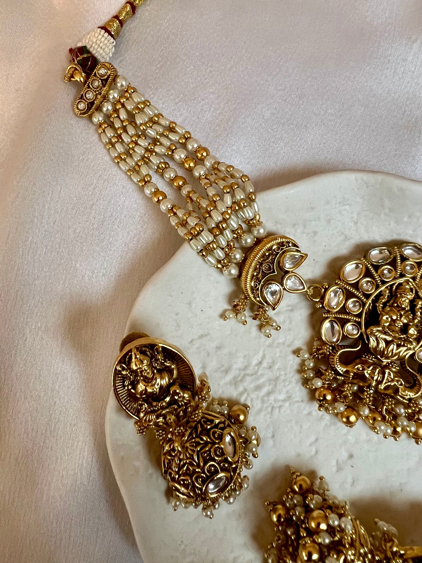 Antique temple pearl choker with golden balls and matching jhumkas N3172