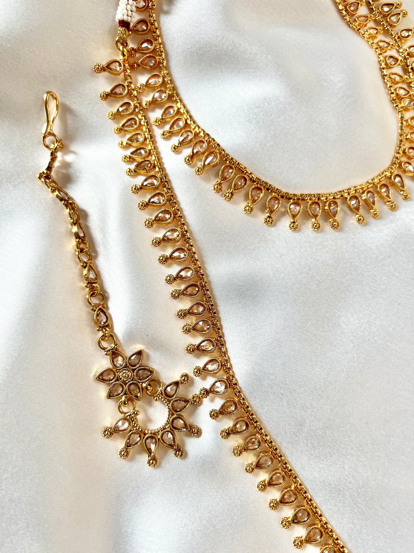 SAHANA - Antique gold plated long and short necklace set with matching earrings and uchi pattam/tikka N3001