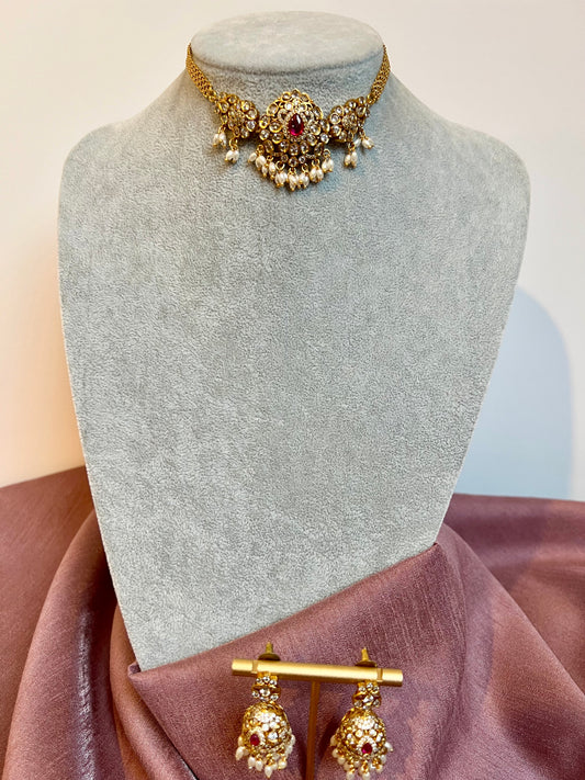 BAVITHRA - small kundan stone choker set with matching jhumkas N3175