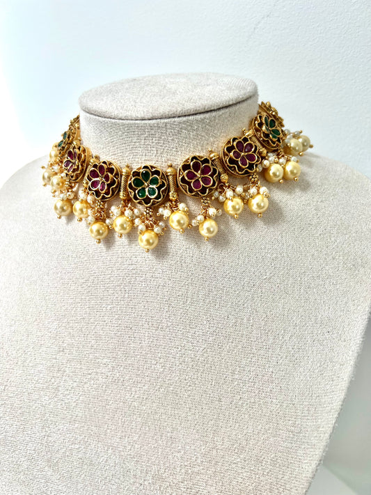 GEETA - Antique gold ruby and green pearl necklace with matching earrings N3253