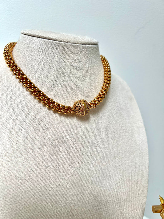KANSANI - Antique gold plated mid length necklace with matching gold jhumkas N3251