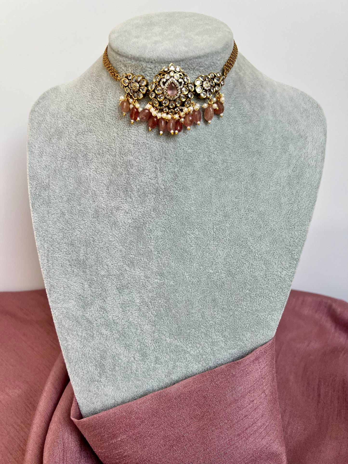 NANDINI - Small antique mehndi plated white stone with pink and white pearl choker and jhumkas N3099