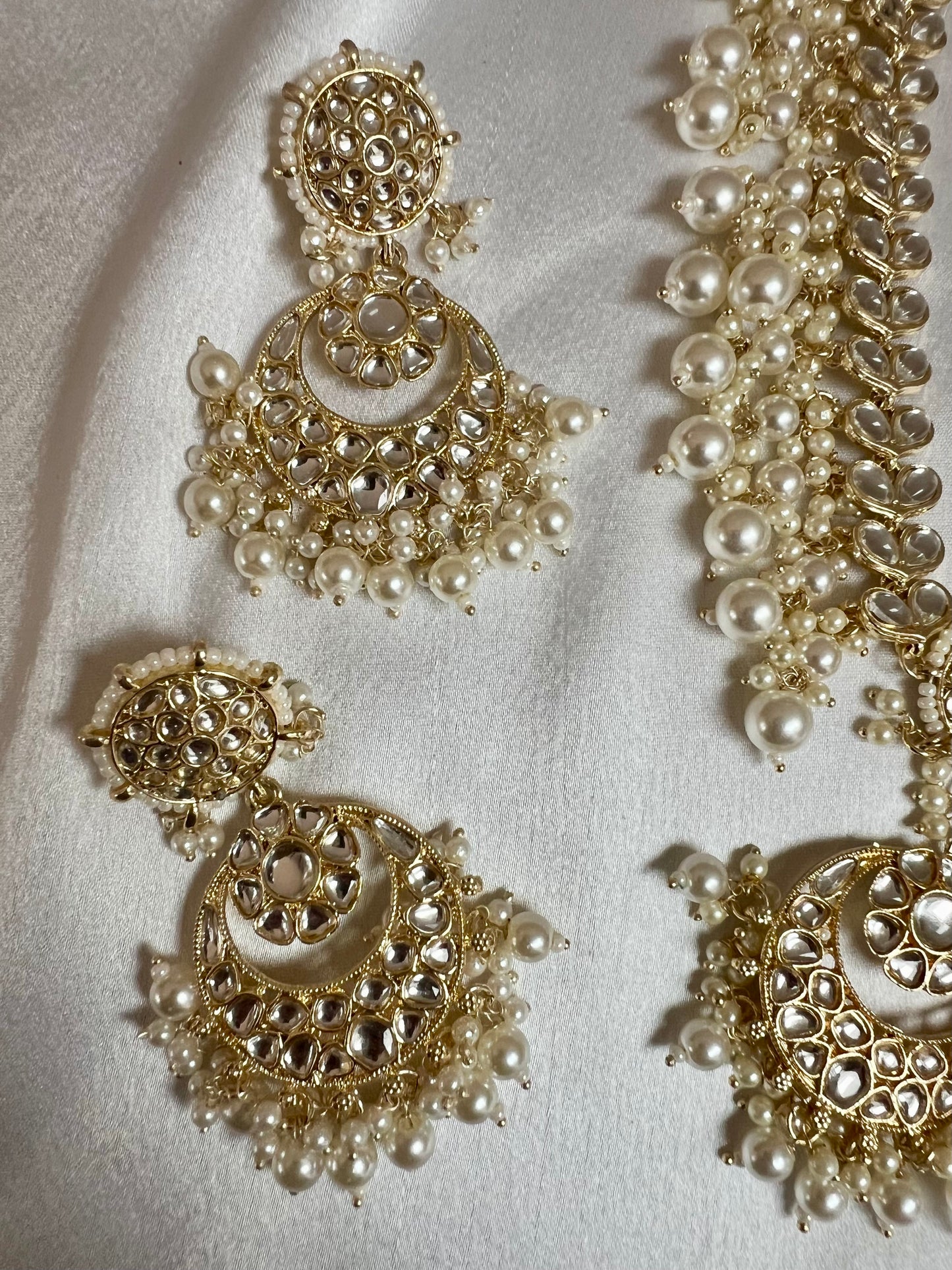 KANITHA- long pearl necklace with matching earrings and tikka N3200