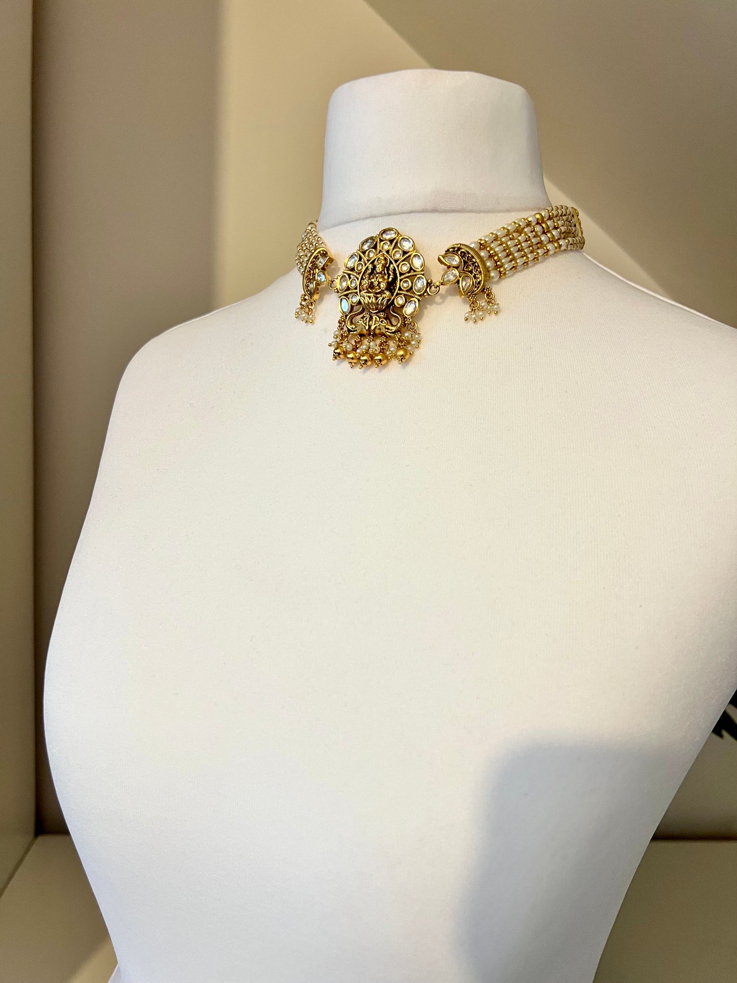 Antique temple pearl choker with golden balls and matching jhumkas N3172