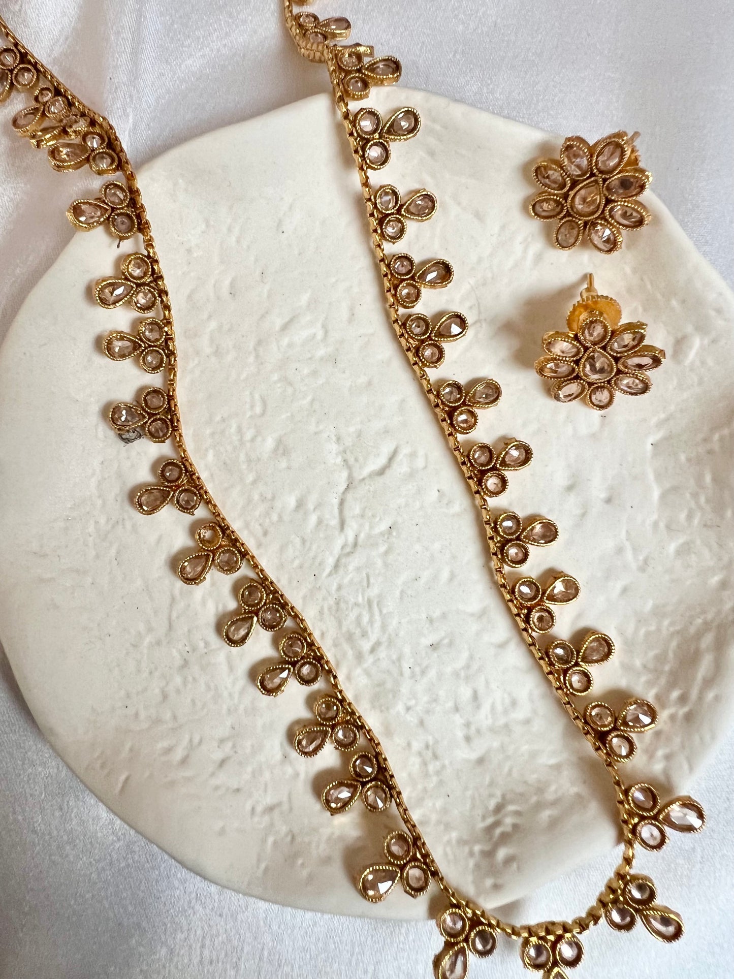 THANISHA - long kundan stone golden necklace with flat earrings N3211