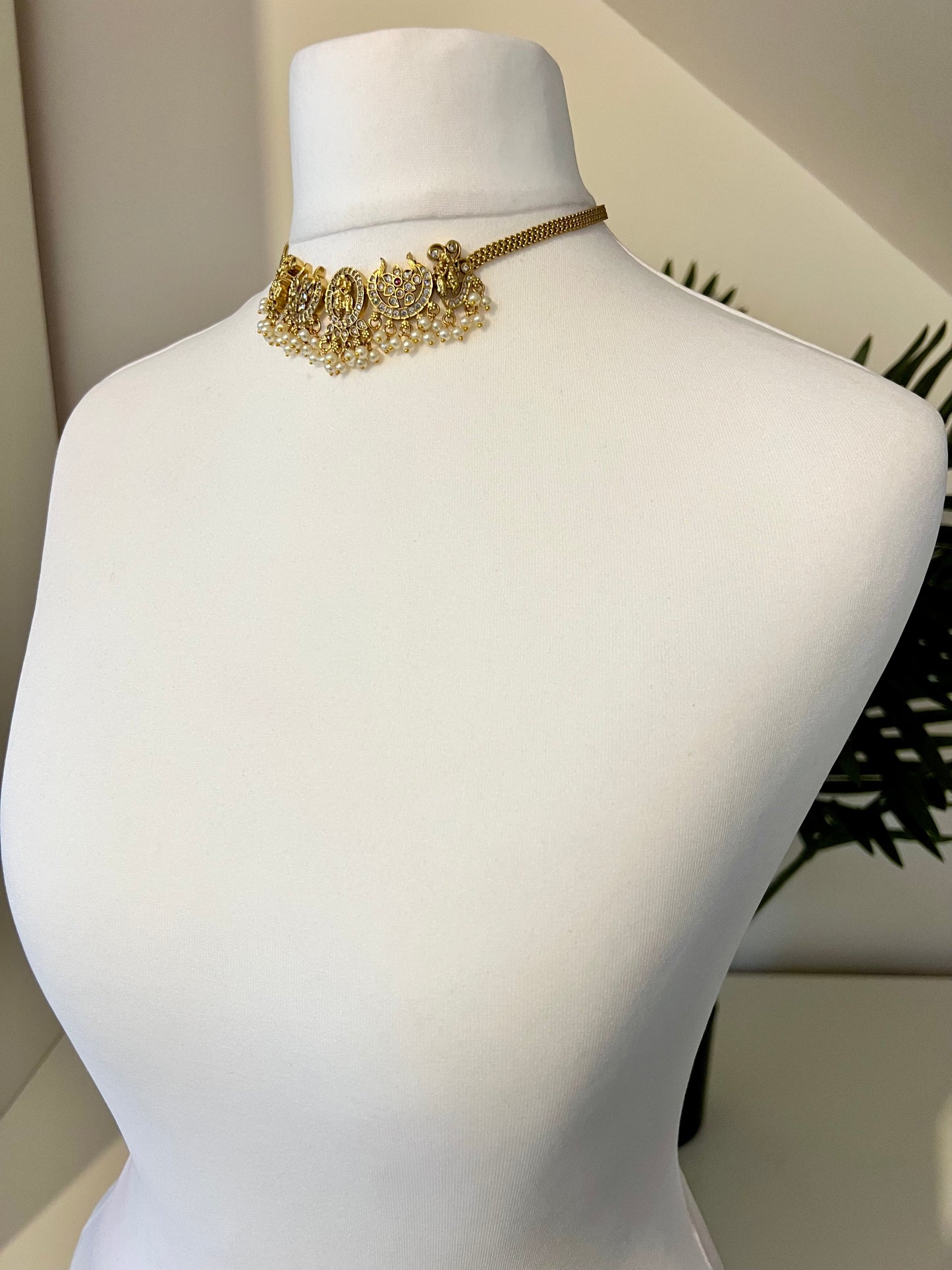 LAVOTHINI - golden temple small choker necklace with small jhumkas N3188