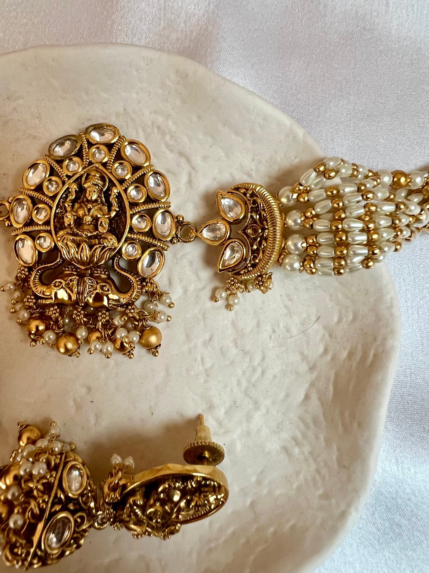 Antique temple pearl choker with golden balls and matching jhumkas N3172