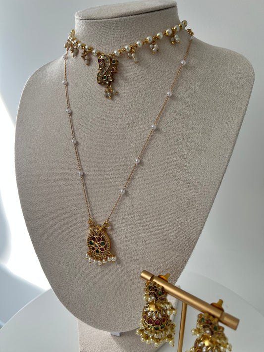 Ruby and green fusion pearl necklace with lotus jhumkas N3005