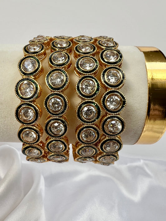Gold plated Bangles With White stones and forest green painting, set of four B3013