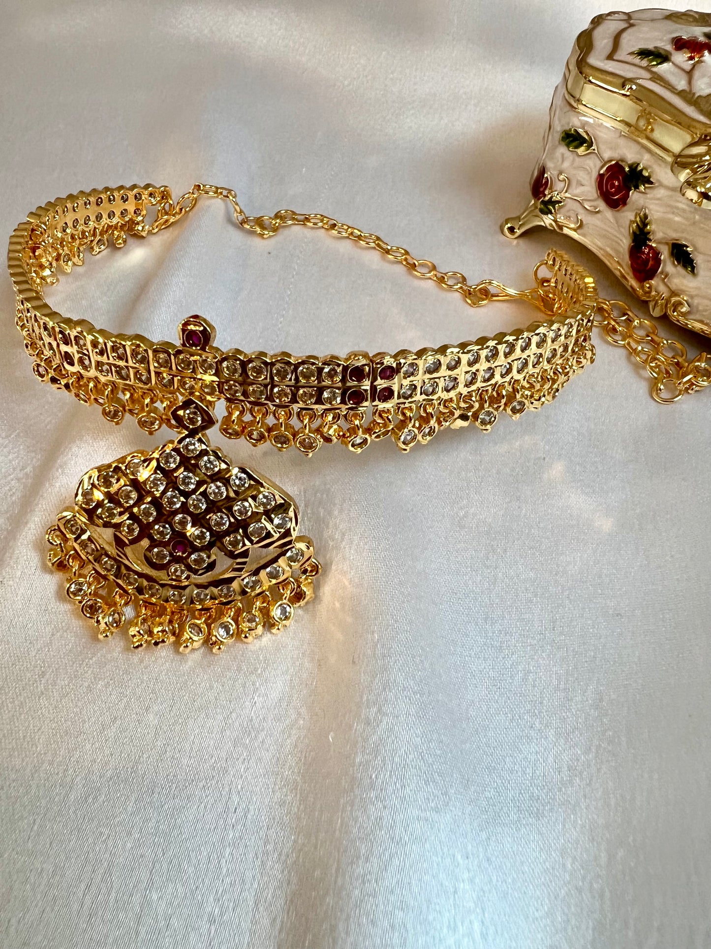 DAVINA - High neck two layered impon necklace with ruby and white stones N3163