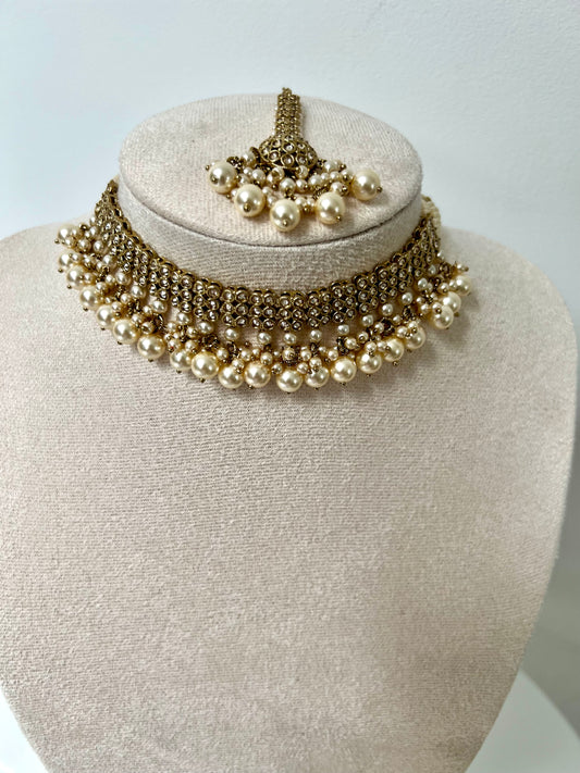 ANUSA- Mehndi plated ivory pearl necklace set with tikka and flat earrings N3256