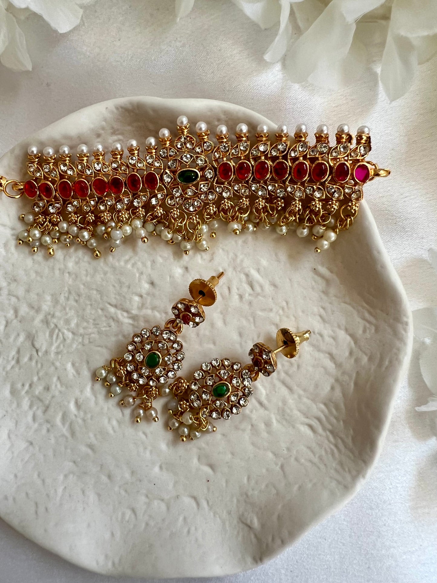 NEHA - Small choker red stoned necklace set with matching earrings N3089