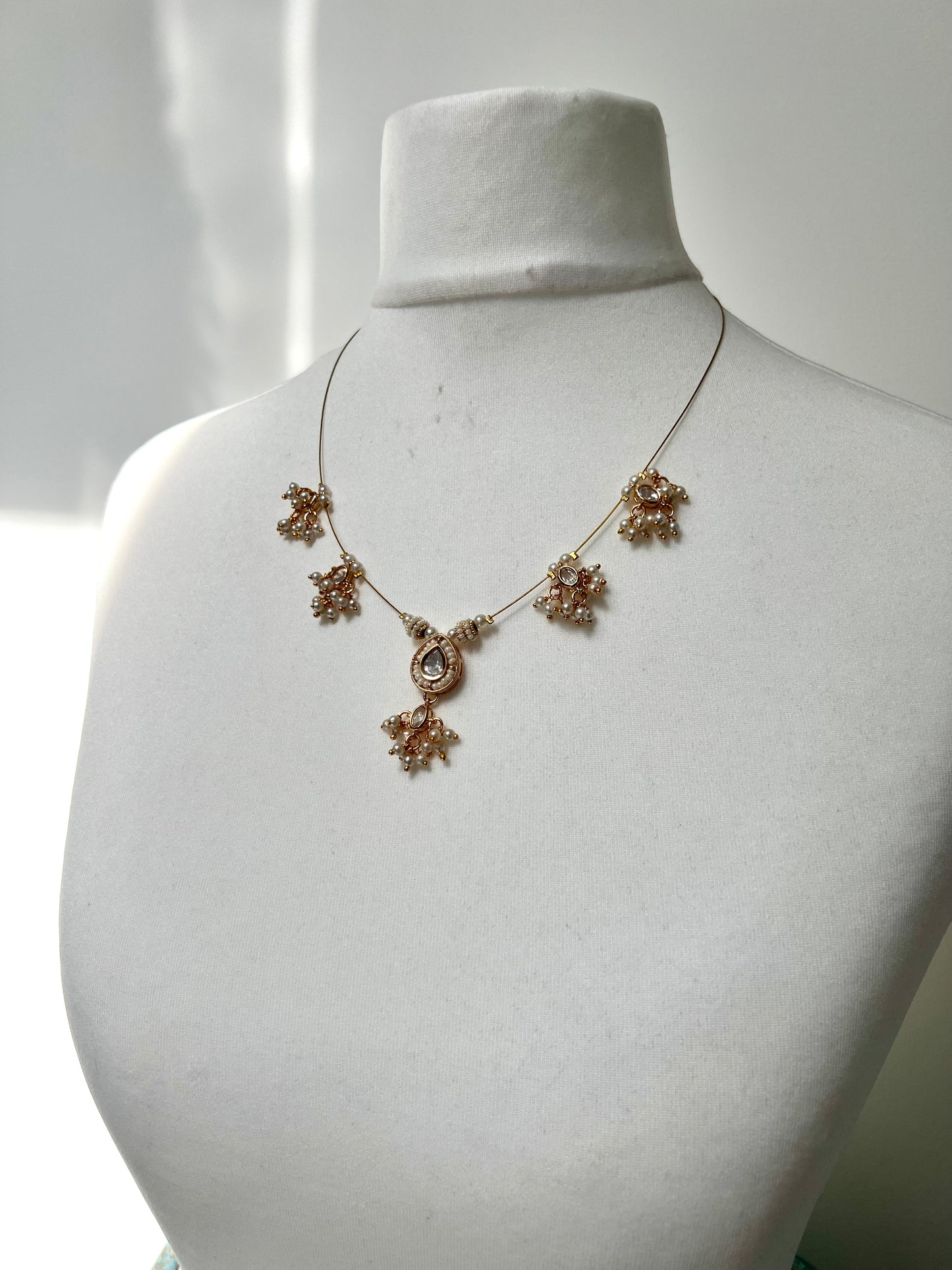 SUBASI - Dainty invisible chain pearl necklace set with small earrings N3379