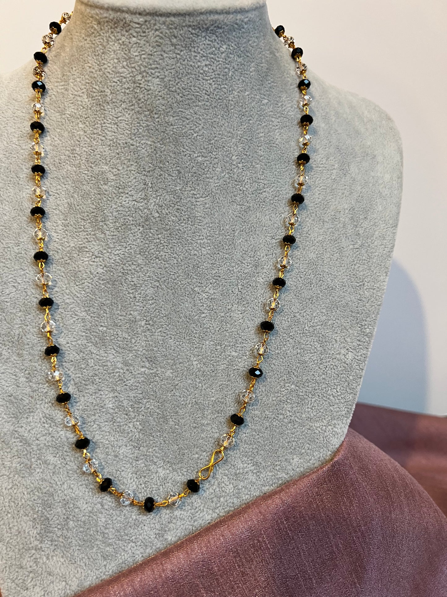 SUHANYA - Simple long black and clear beads golden necklace N3237