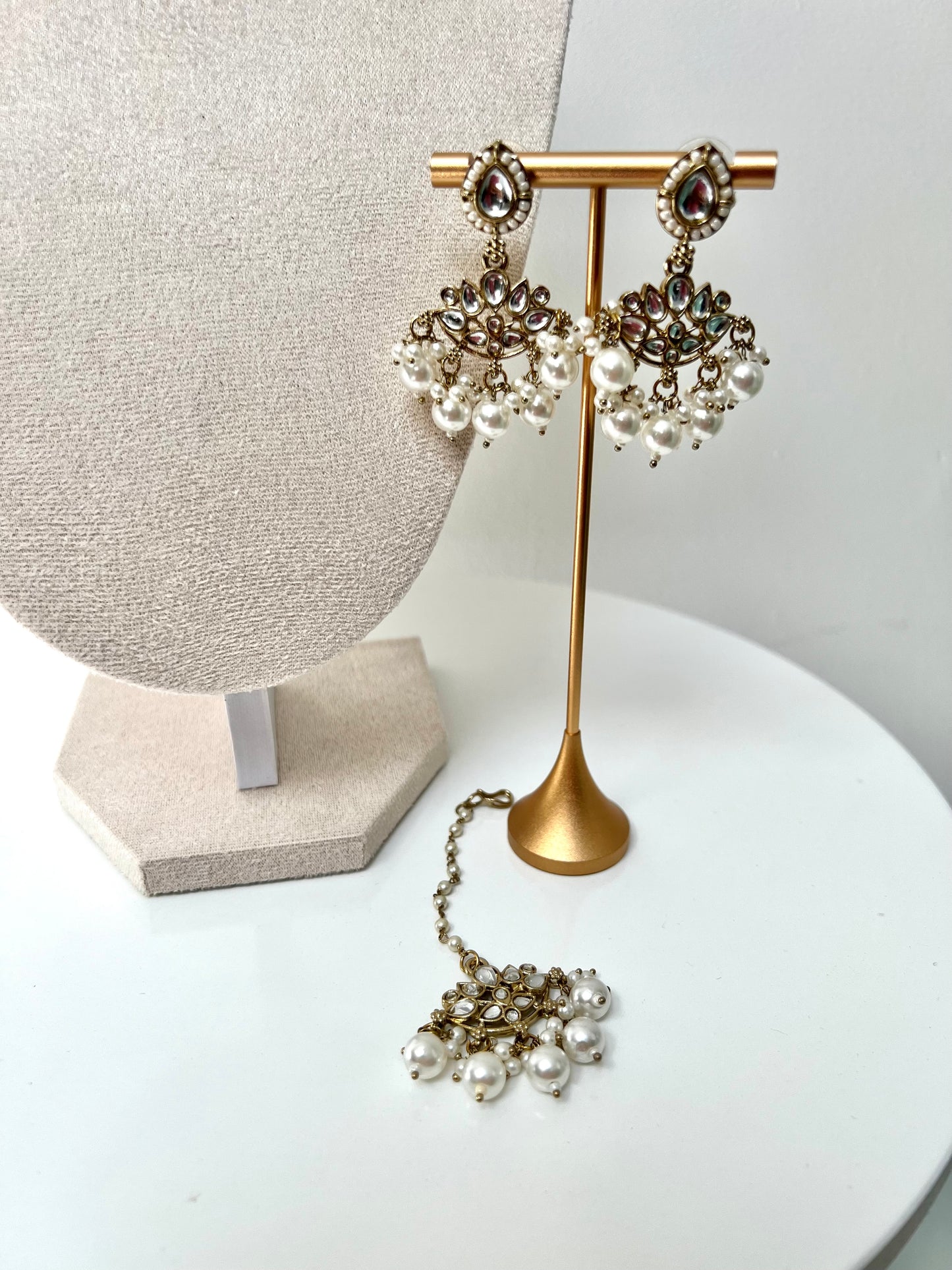 SARELA - Mehndi plated white pearl stoned high band necklace with matching jhumkas and tikka N3294